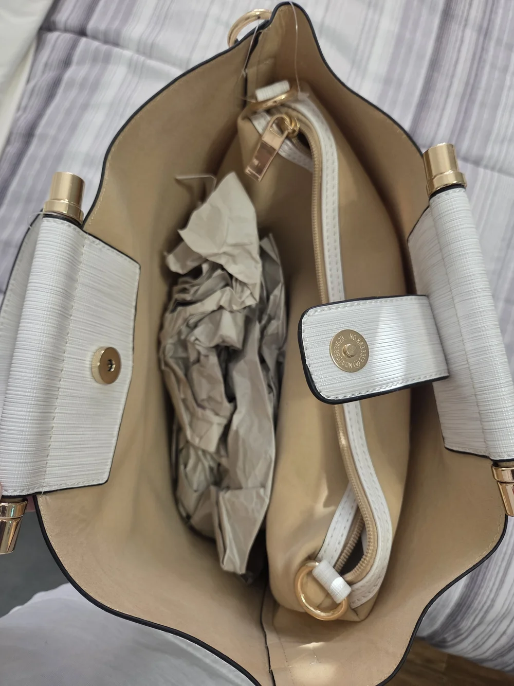 Chic Off-White Textured Satchel Tote with Gold Hardware